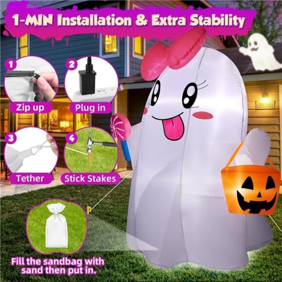 5FT Halloween Inflatables Ghost, Cute Halloween Decorations Outdoor Blow Up - Picture 4 of 7